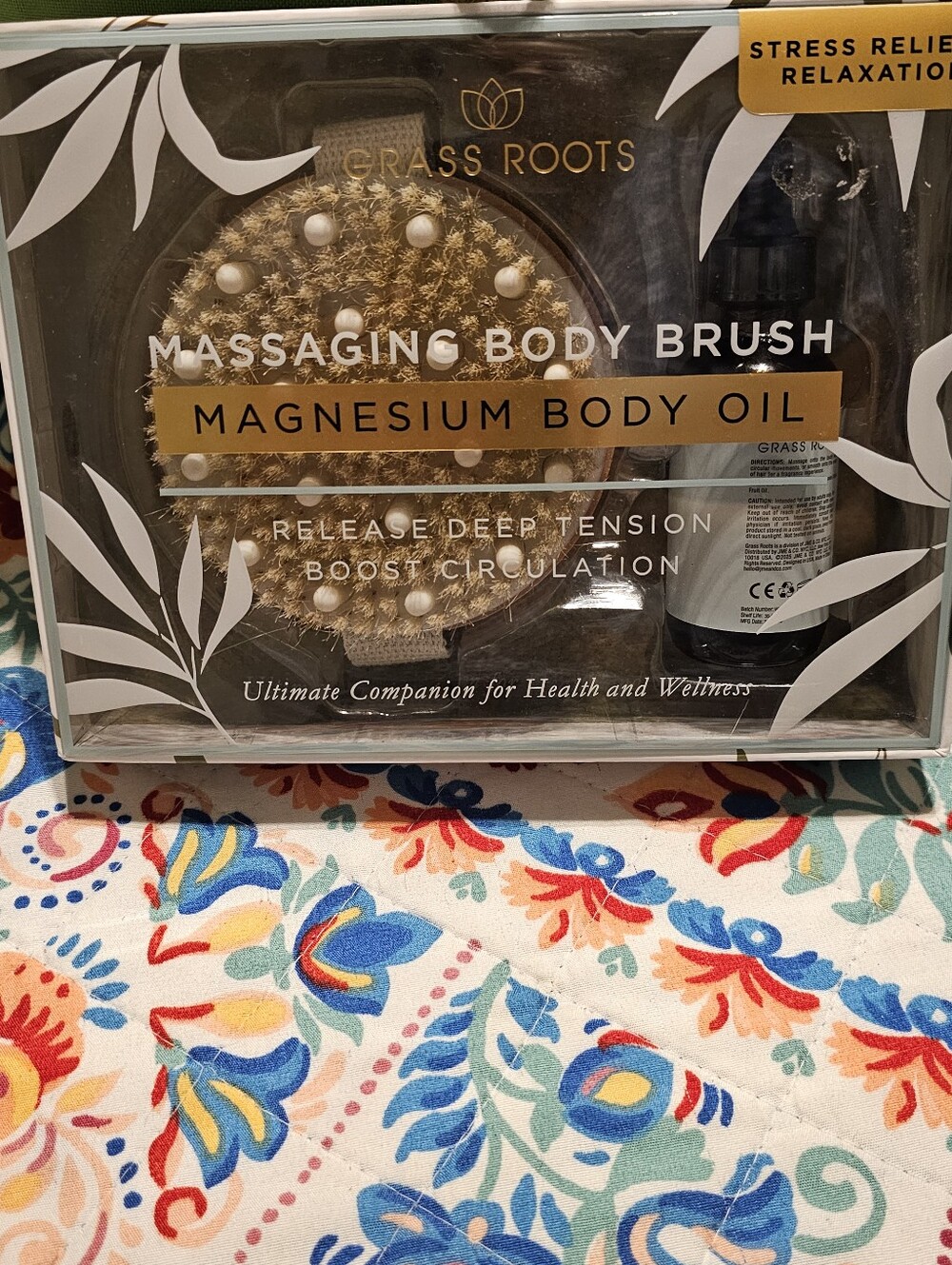 NWT Grass Roots Massaging Body Brush & Magnesium Body Oil Set Stress Relief New
